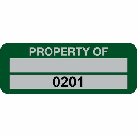 LUSTRE-CAL Property ID Label PROPERTY OF 5 Alum Green 2in x 0.75in 1 Blank Pad & Serialized 0201-0300, 100PK 253740Ma2G0201